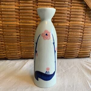 Japanese Vintage Stoneware Sake Bottle Flask Barware Cherry Blossom Flower Vase